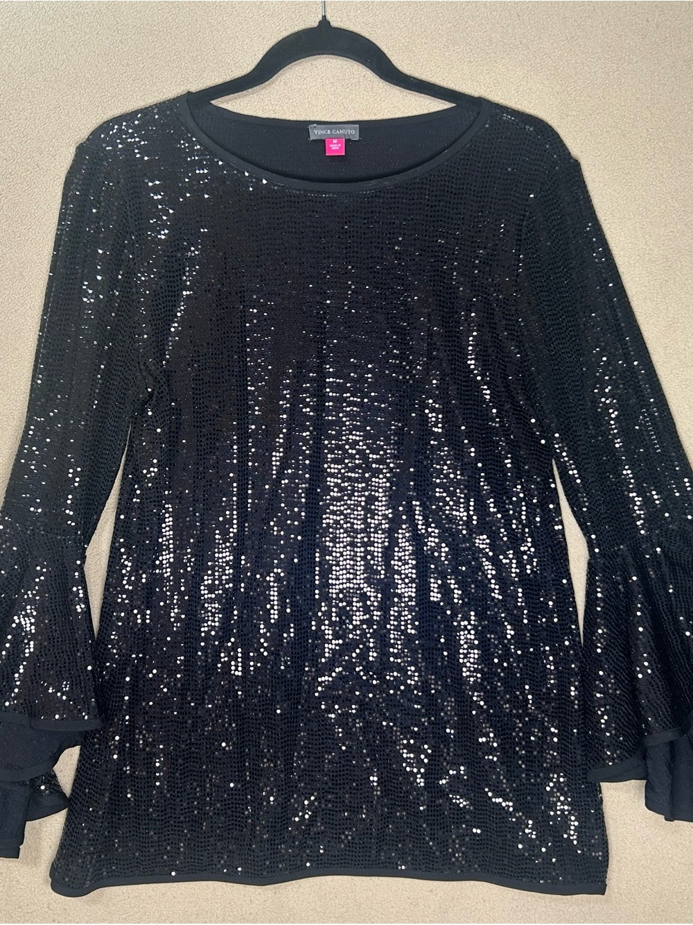 Vince Camuto Black Sequin Long-Sleeve Top with Flared Sleeves Size Medium. EUC